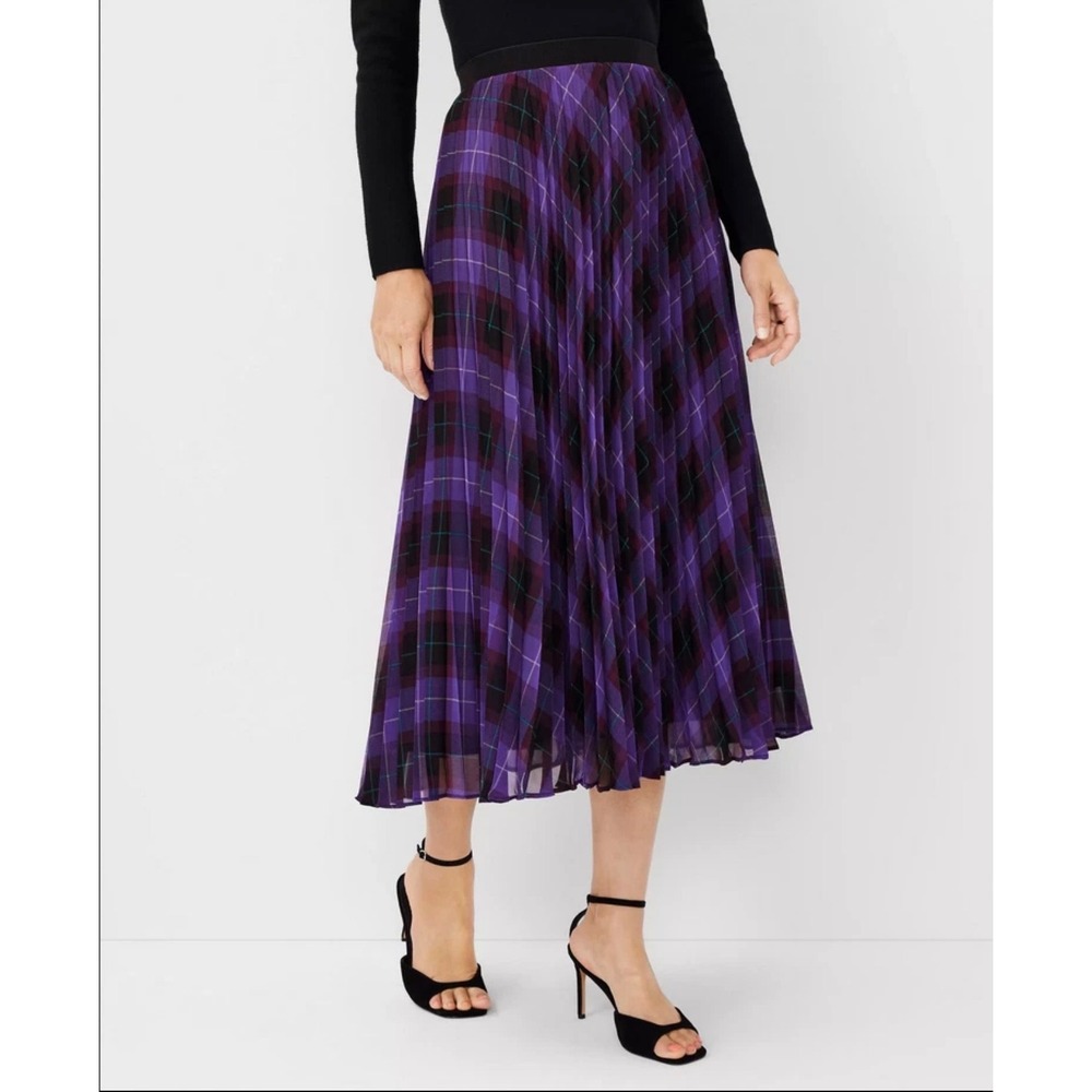 Ann Taylor Pleated Midi Skirt Womens 4 Purple Plaid Excellent A-Line Zipper